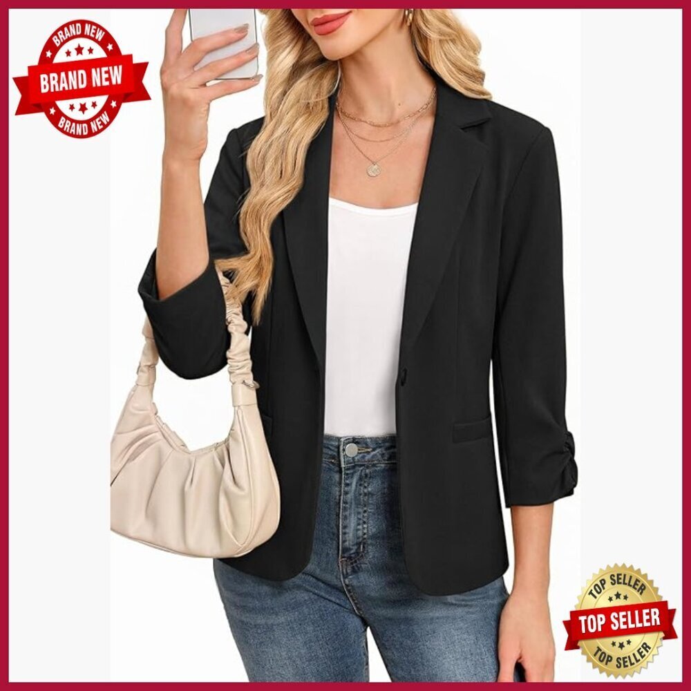 Women's Ruched 3/4 Sleeve Blazer Lightweight Slim Fit Business Casual